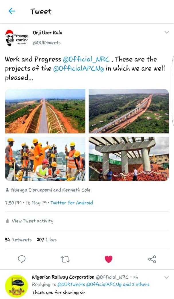 Nigerian Railway Corporation thanks Orji Kalu
