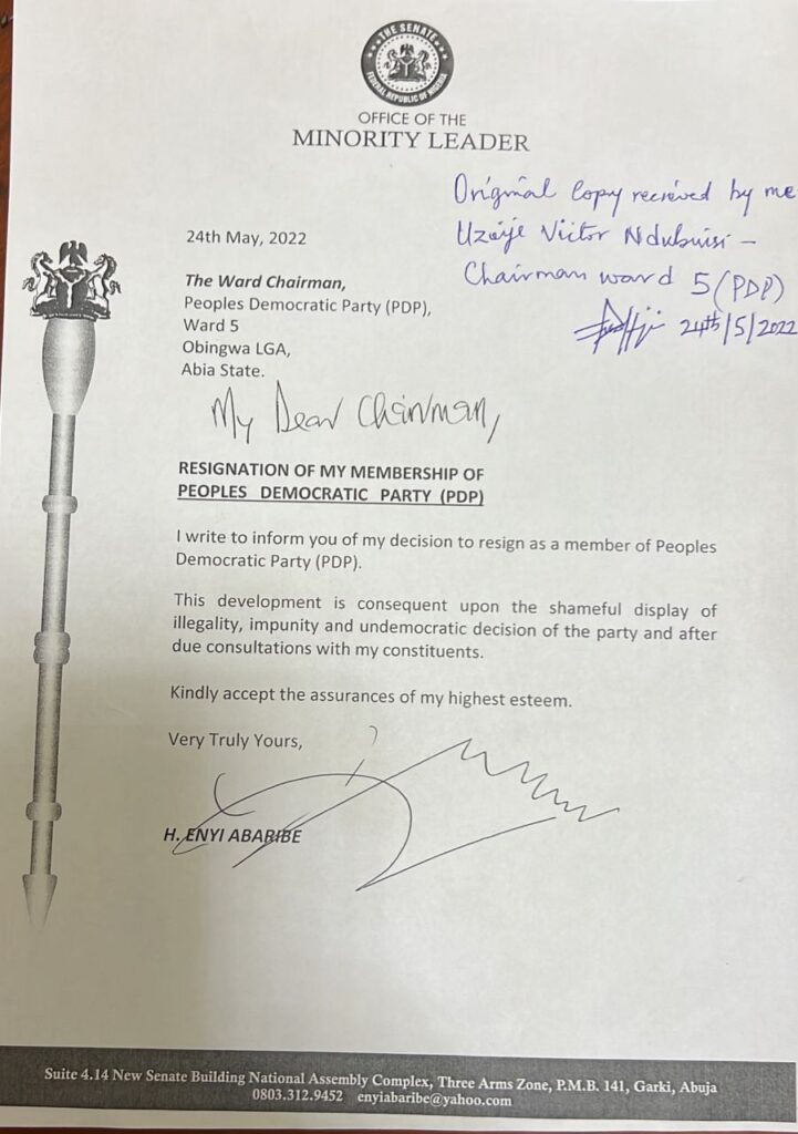Abaribe Resigns As Senate Minority Leader, Dumps PDP For APGA