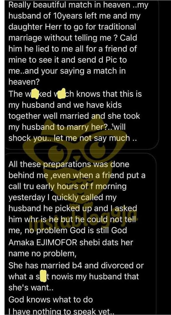 Woman discovers husband of 10-years secretly marries side chic after seeing their photos online